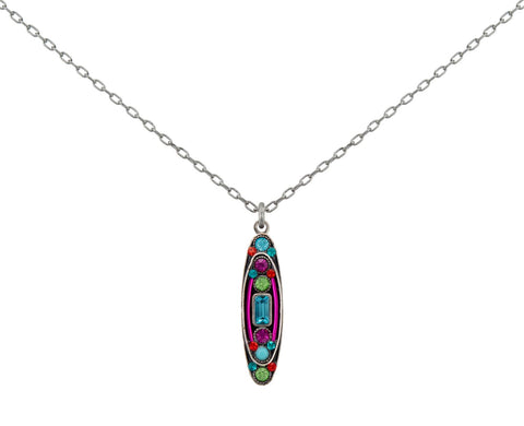 9064-MC Baguette Long Oval Pendant Necklace-Multicolor