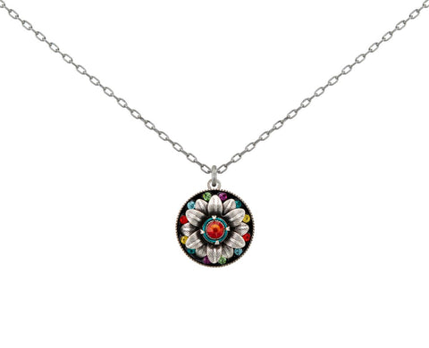 9097-MC Round Flower Pendant Necklace-Multicolor