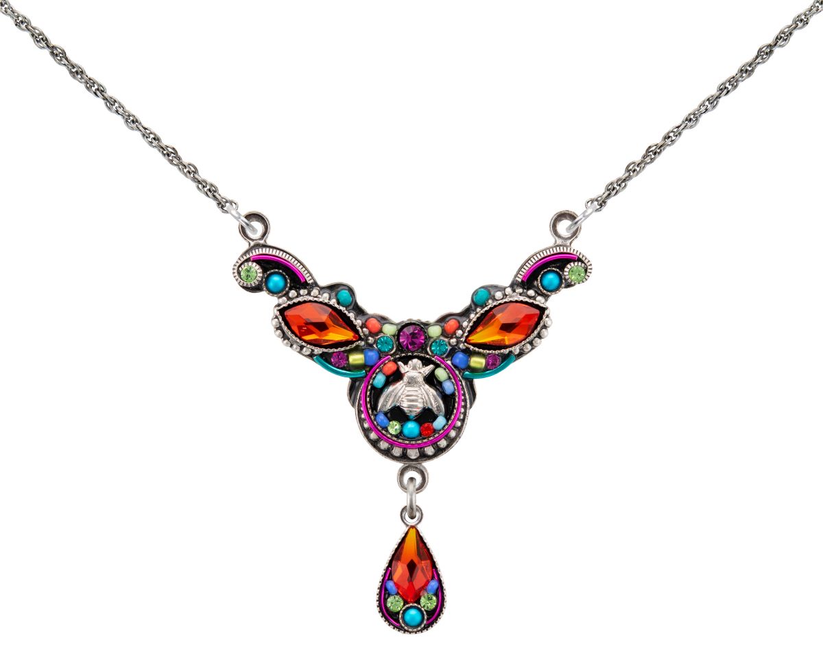 9105-MC Petite Bee Necklace w/Drop-Multicolor