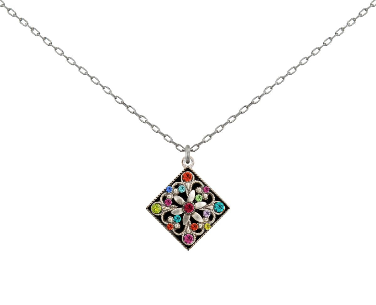 9114-MC Diamond Shaped Filagree Pendant Multicolor