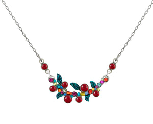 9169-MC Scallop Red Berries w/Green Leaves Necklace-Multicolor