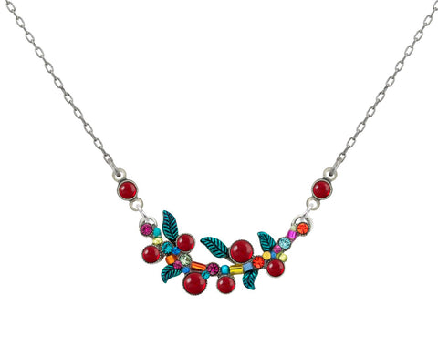 9169-MC Scallop Red Berries w/Green Leaves Necklace-Multicolor