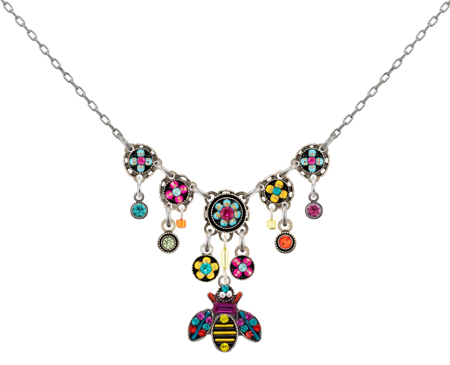 9218-MC Queen Bee w/Flowers Necklace-Multicolor