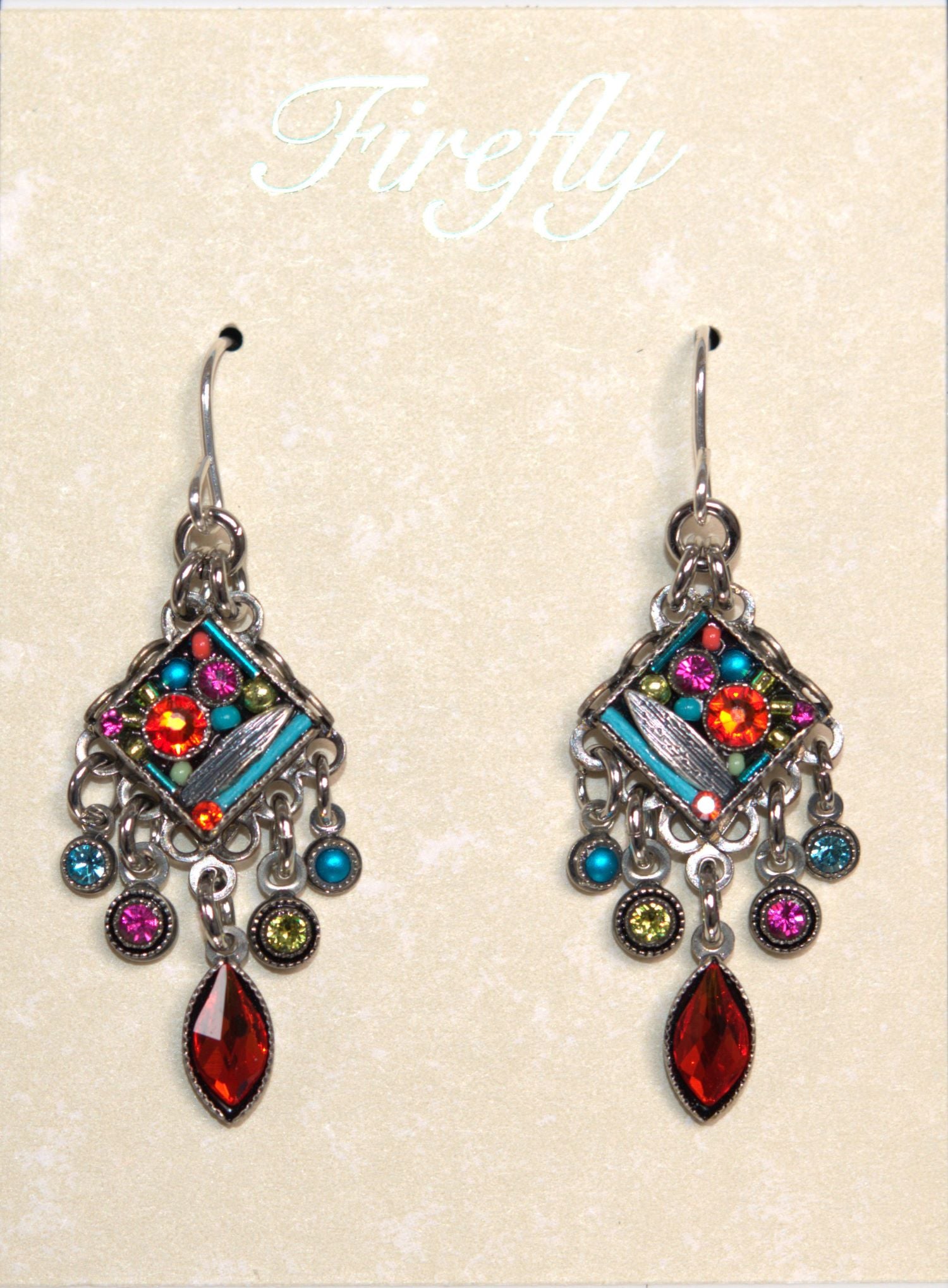 E005-MC Botanical Diamond Shape Leaf w/Dangles Earrings-Multicolor