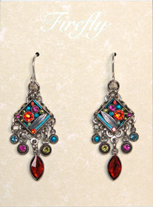E005-MC Botanical Diamond Shape Leaf w/Dangles Earrings-Multicolor
