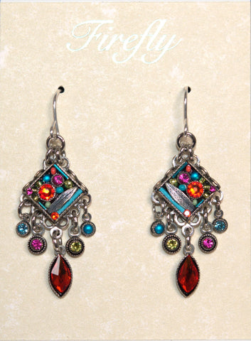 E005-MC Botanical Diamond Shape Leaf w/Dangles Earrings-Multicolor