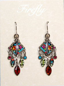 E007-MC Botanical Diamond Shape Leaf w/Dangles Earrings-Multicolor