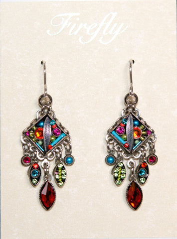 E007-MC Botanical Diamond Shape Leaf w/Dangles Earrings-Multicolor