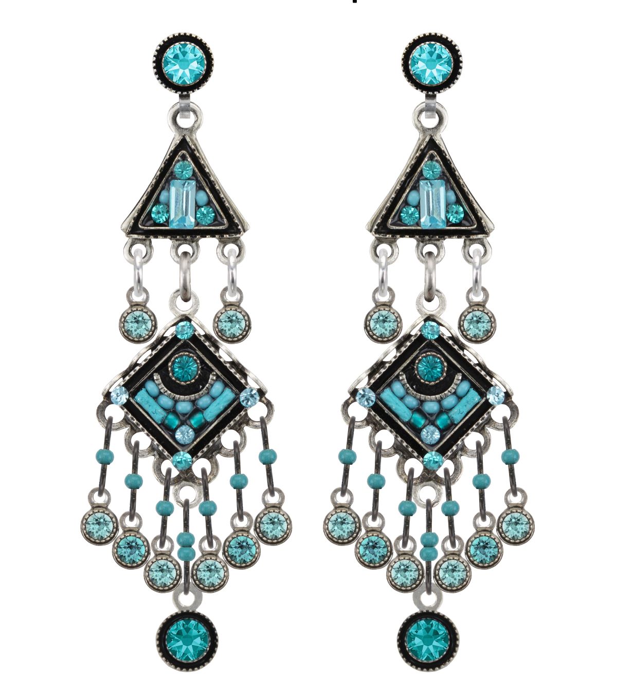 E206P-TURQ Architectural Two Tier w/Dangles Earrings w/Post-Turquoise