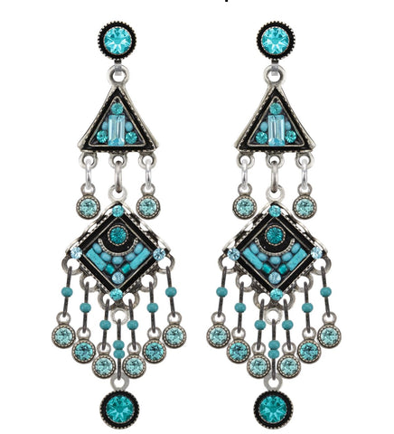 E206P-TURQ Architectural Two Tier w/Dangles Earrings w/Post-Turquoise