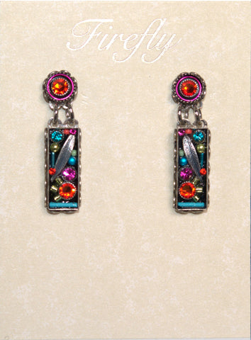 E230P-MC Botanical Rectangle Leaf Post Earrings-Multicolor