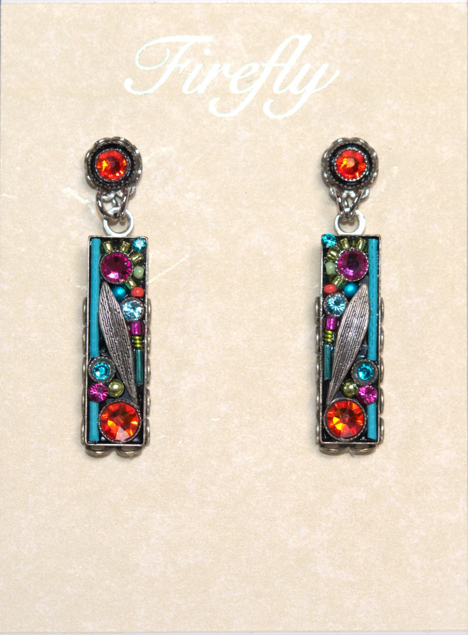 E231P-MC Botanical Rectangle Leaf Post Earrings-Multicolor
