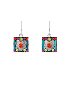 E281-MC Square Encased Heart Earrings-Multicolor