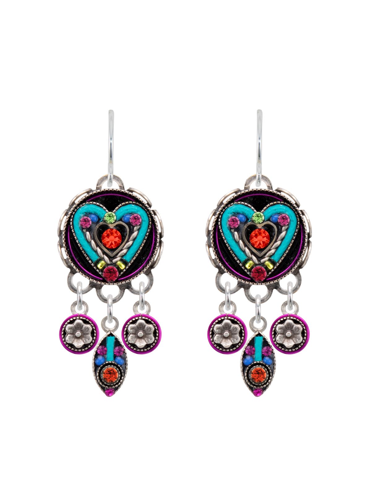 E332-MC Heart Earring w/Drops-Multicolor