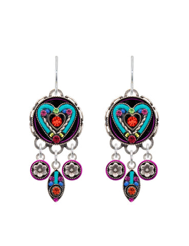 E332-MC Heart Earring w/Drops-Multicolor