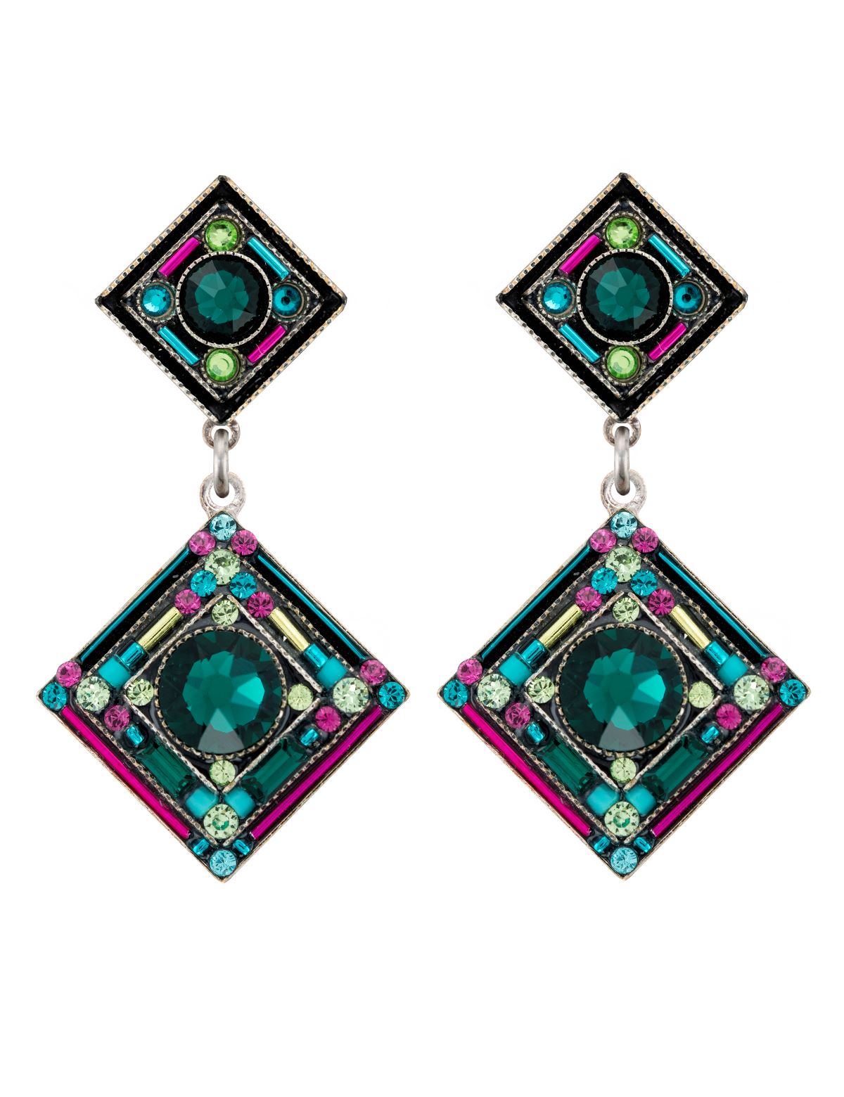 E343P-EM Contessa/Geometric 2-Tier Diamond Post Earrings-Emerald
