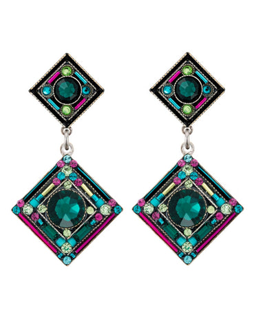 E343P-EM Contessa/Geometric 2-Tier Diamond Post Earrings-Emerald