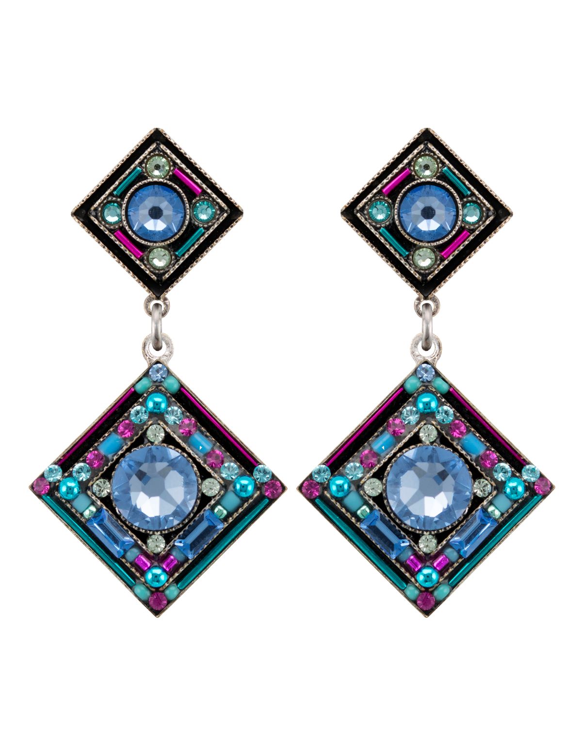 E343P-LB Contessa/Geometric 2-Tier Diamond Post Earrings-Light Blue