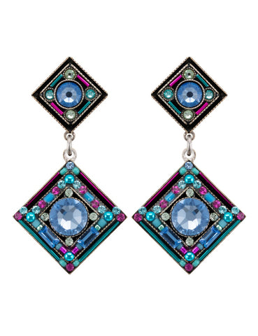 E343P-LB Contessa/Geometric 2-Tier Diamond Post Earrings-Light Blue