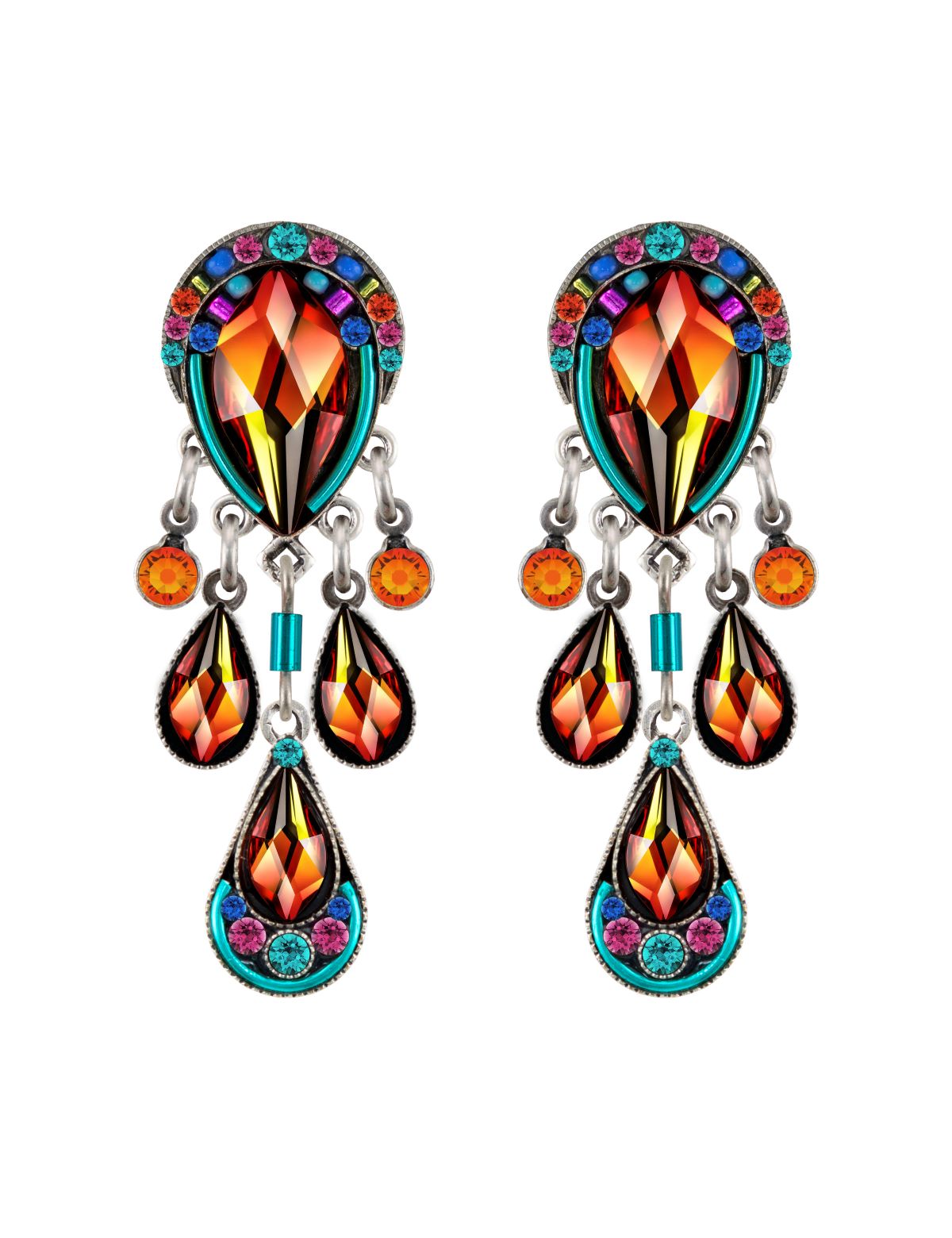 E350P-MC Contessa 3 Drop Chandelier Post Earrings-Multicolor