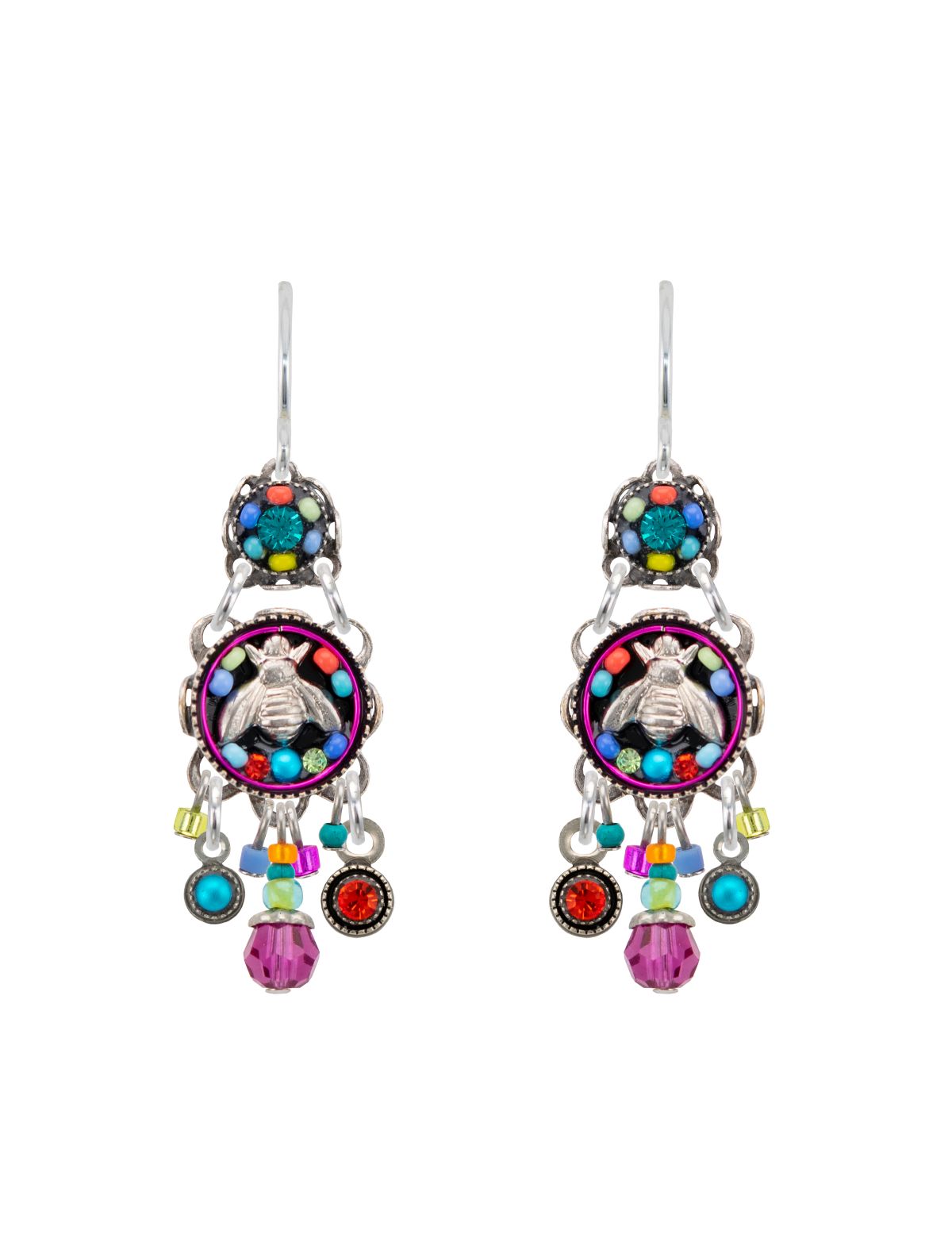 E382-MC Petite Bee Round Drop Earrings-Multicolor