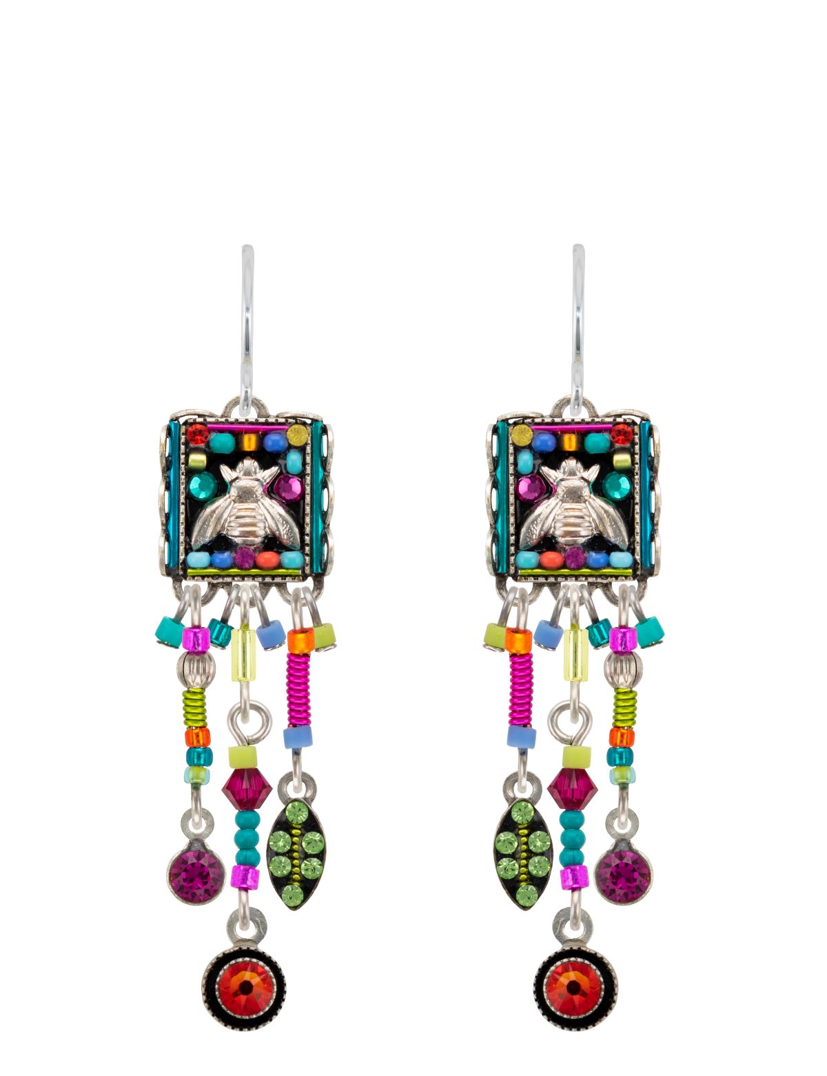 E383-MC Petite Bee Rectangle Drop Earrings-Multicolor