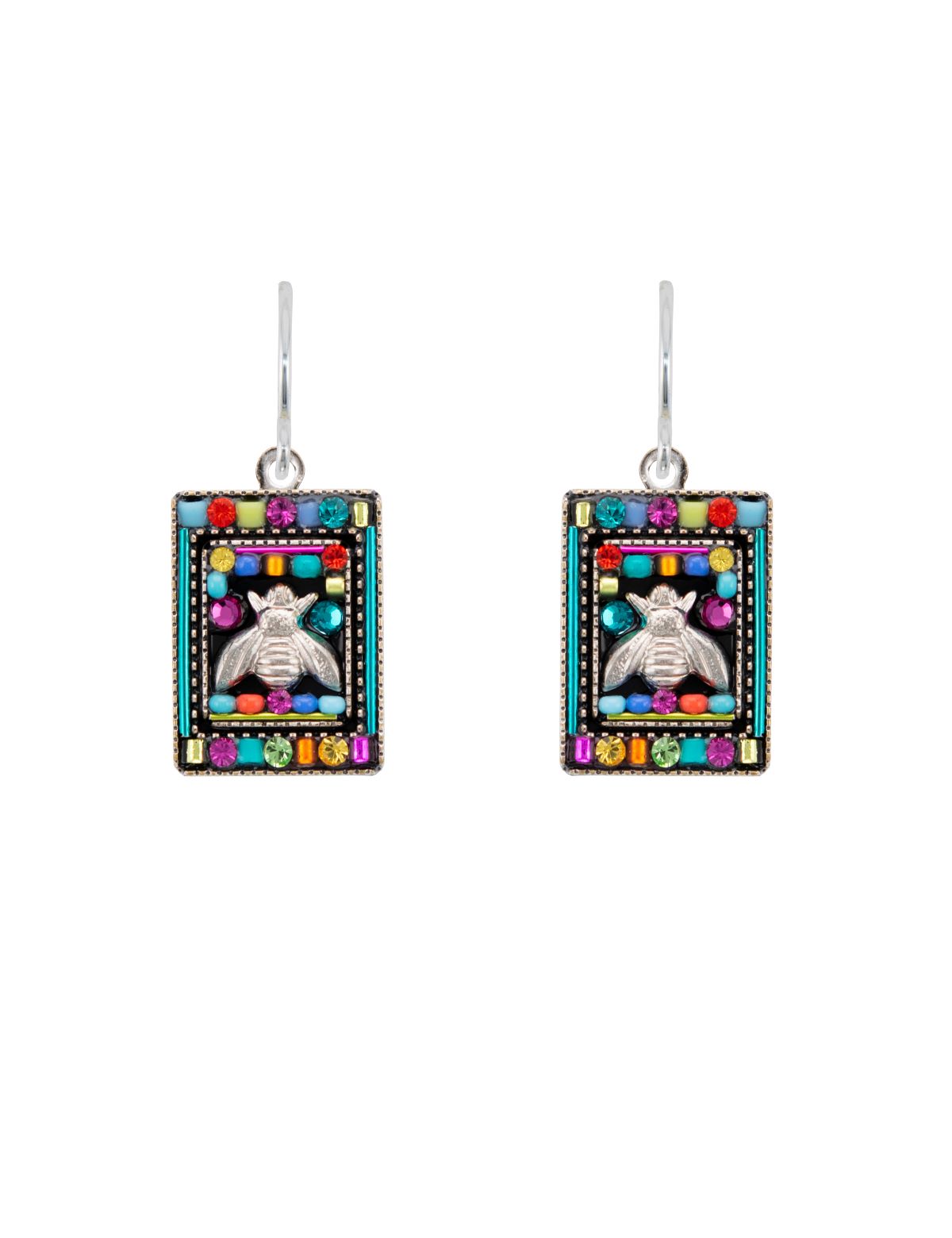 E385-MC Petite Bee Rectangle Earrings-Multicolor