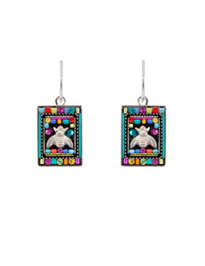 E385-MC Petite Bee Rectangle Earrings-Multicolor