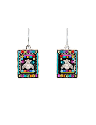 E385-MC Petite Bee Rectangle Earrings-Multicolor