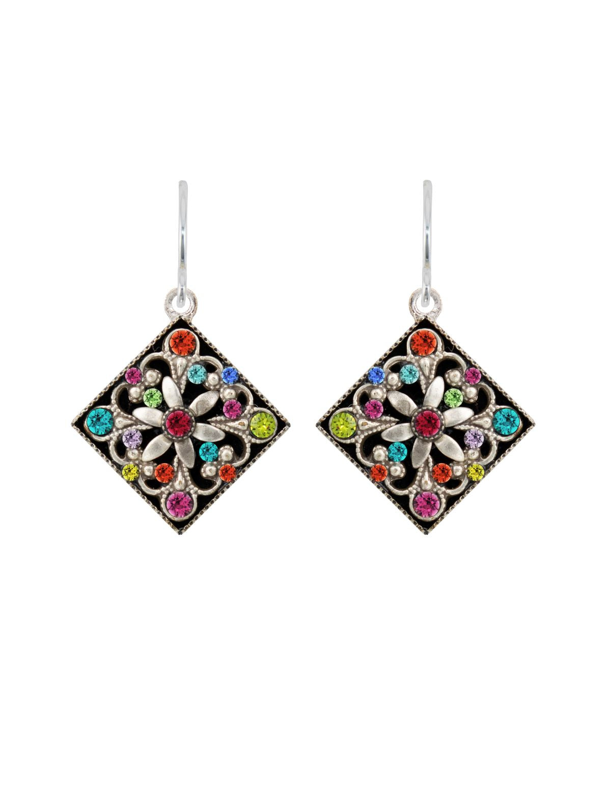 E397-MC Diamond Shaped Filigree Earrings-Multicolor