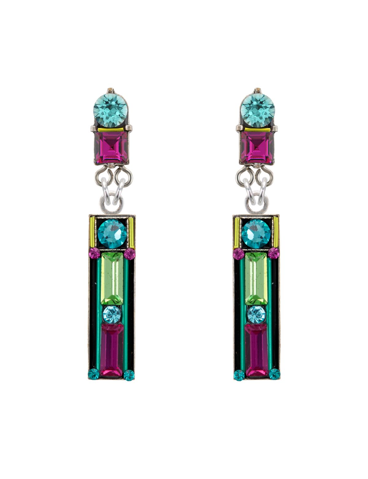 E425P-MC Architectural Two Tier Rectangle Earrings w/Post-Multicolor