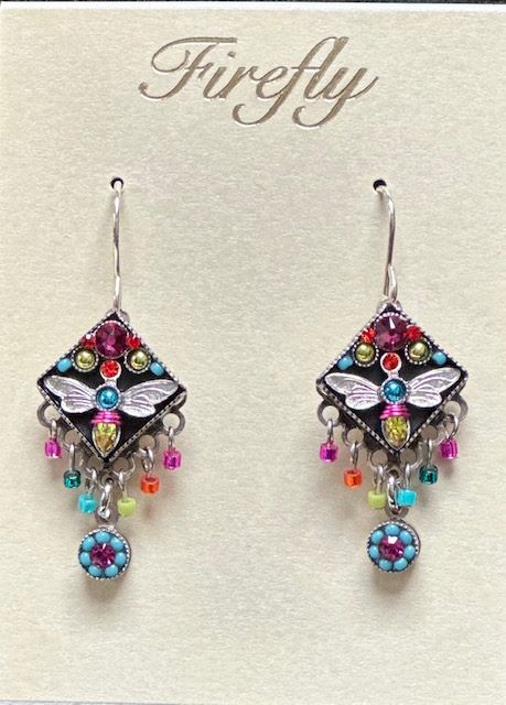 E433B-MC Dragonfly w/Flower Earrings-Multicolor