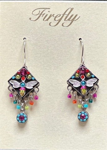E433B-MC Dragonfly w/Flower Earrings-Multicolor
