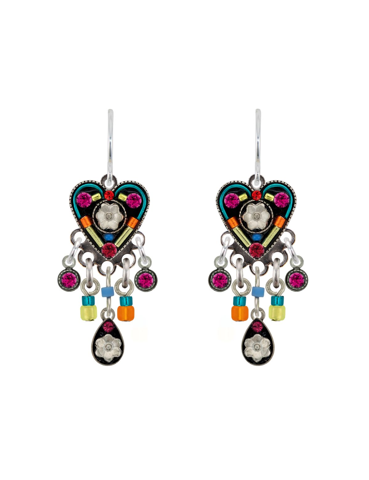 E460-MC Hearts & Flowers Dangle Earring-Multicolor