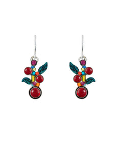 E475-MC Scallop Red Berries w/Green Leaves Earrings-Multicolor