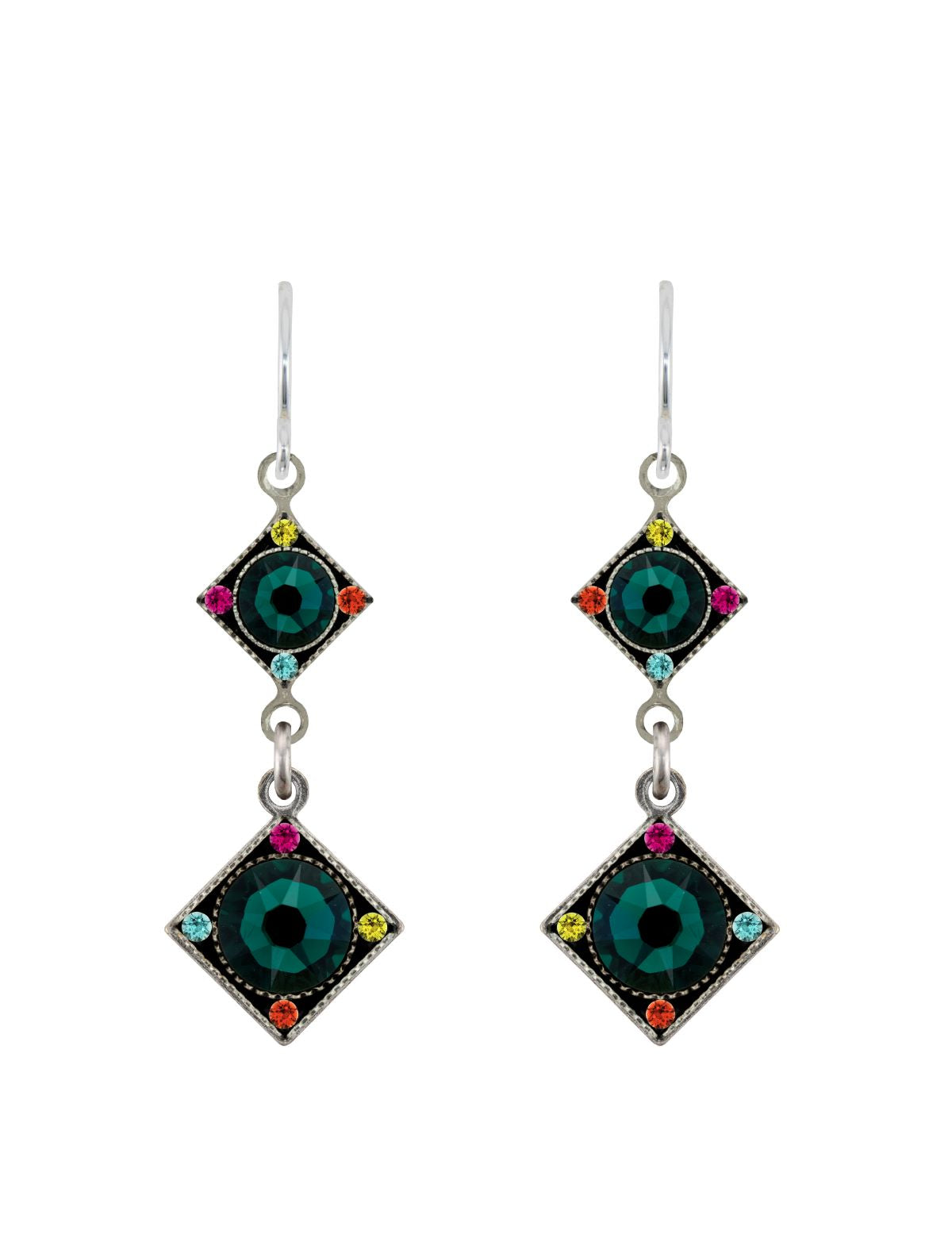 E476-EM Rainbow Two Tear Diamond Shape Drop Earrings-Emerald