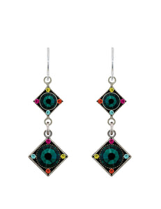 E476-EM Rainbow Two Tear Diamond Shape Drop Earrings-Emerald