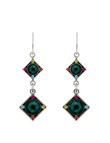 E476-EM Rainbow Two Tear Diamond Shape Drop Earrings-Emerald