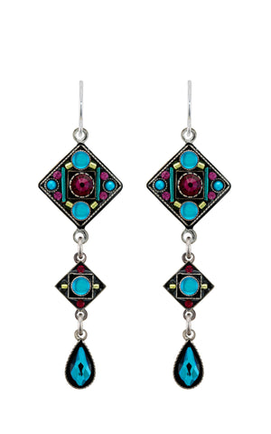 E483-BB Moonlight Diamond Shape Two Tear Drop Earrings-Bermuda Blue