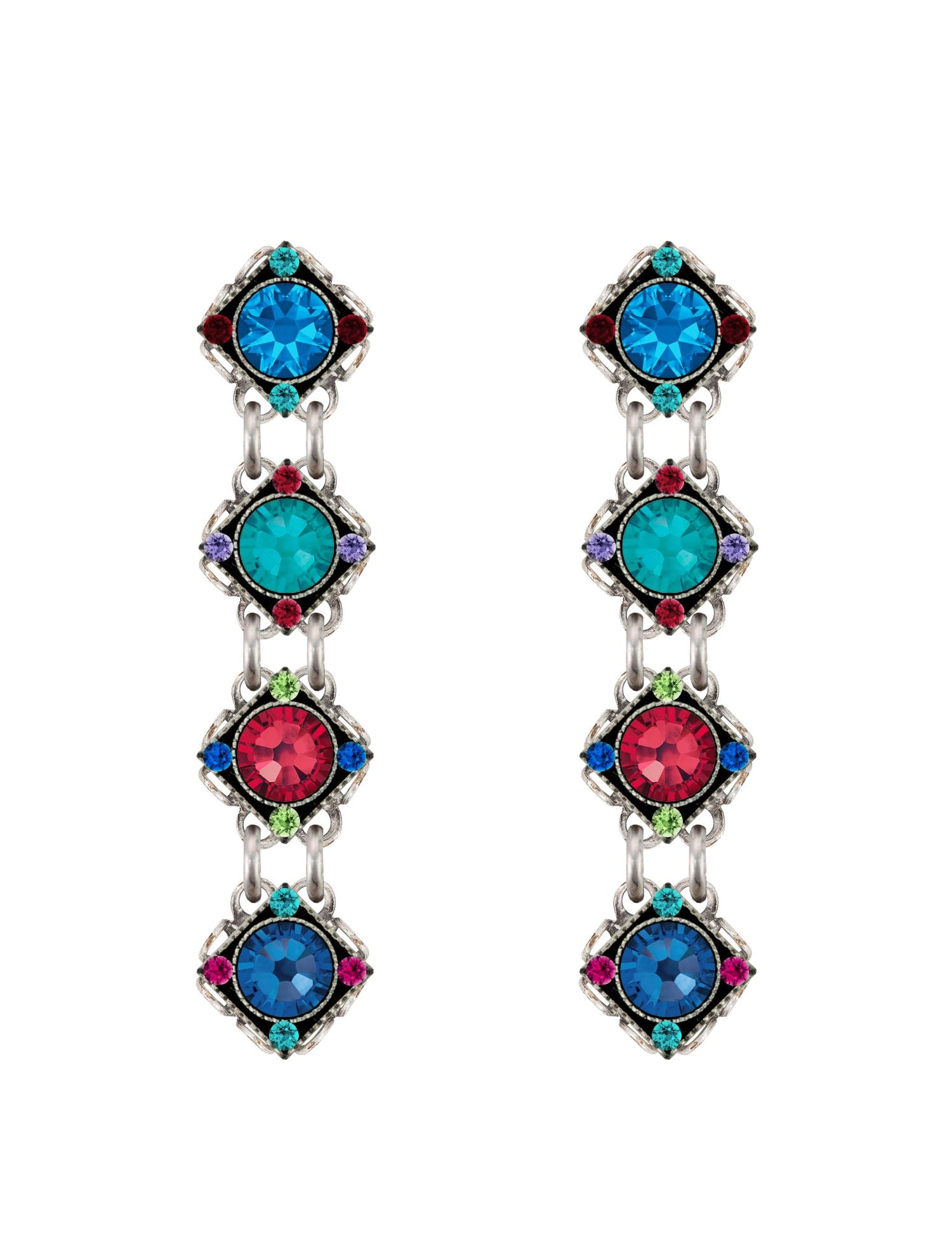 E787P-JT Rainbow Four Tear Diamond Shape Drop w/Post Earrings-Jewel Tone