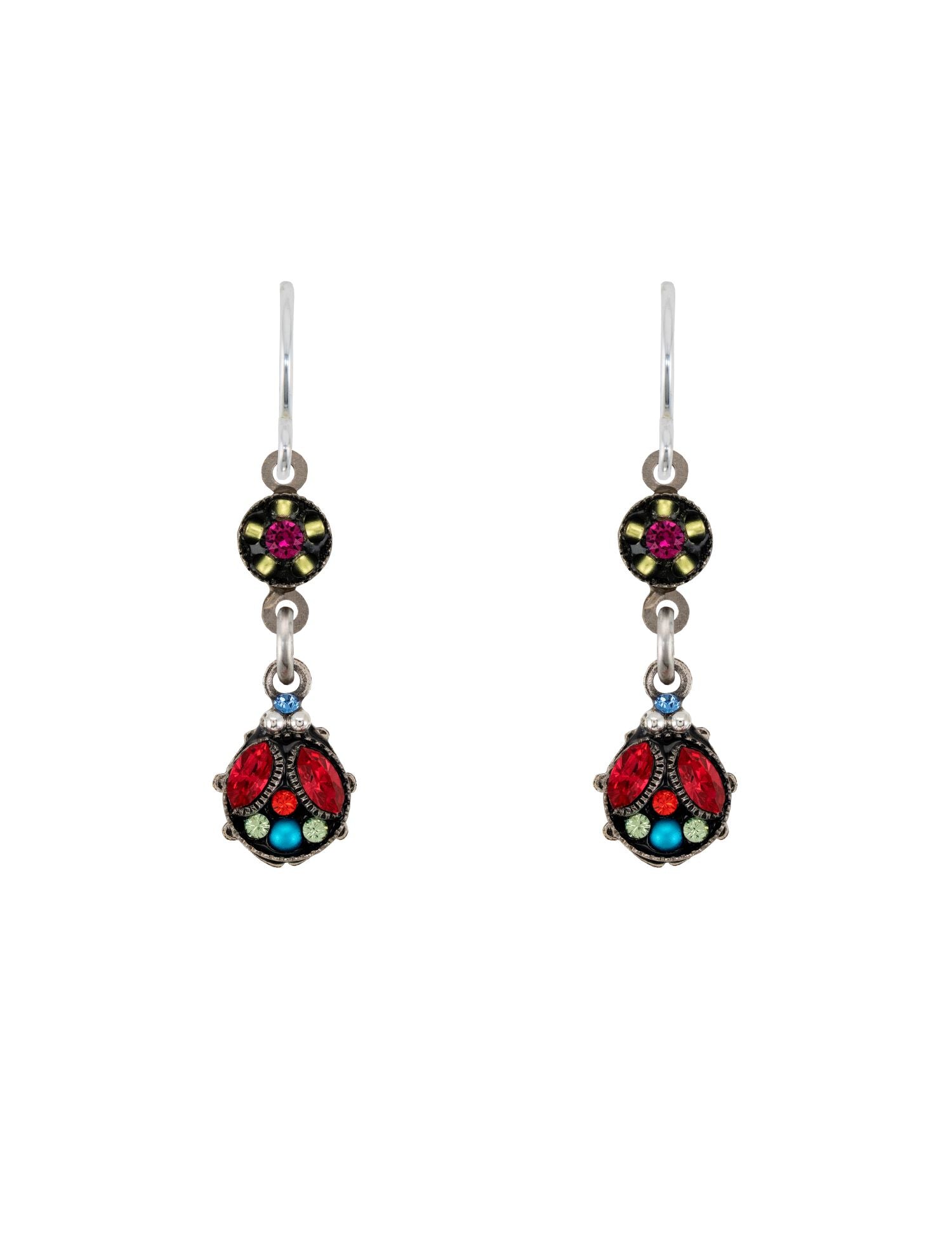 E816-MC Petite Ladybug w/Flower Earrings-Multicolor