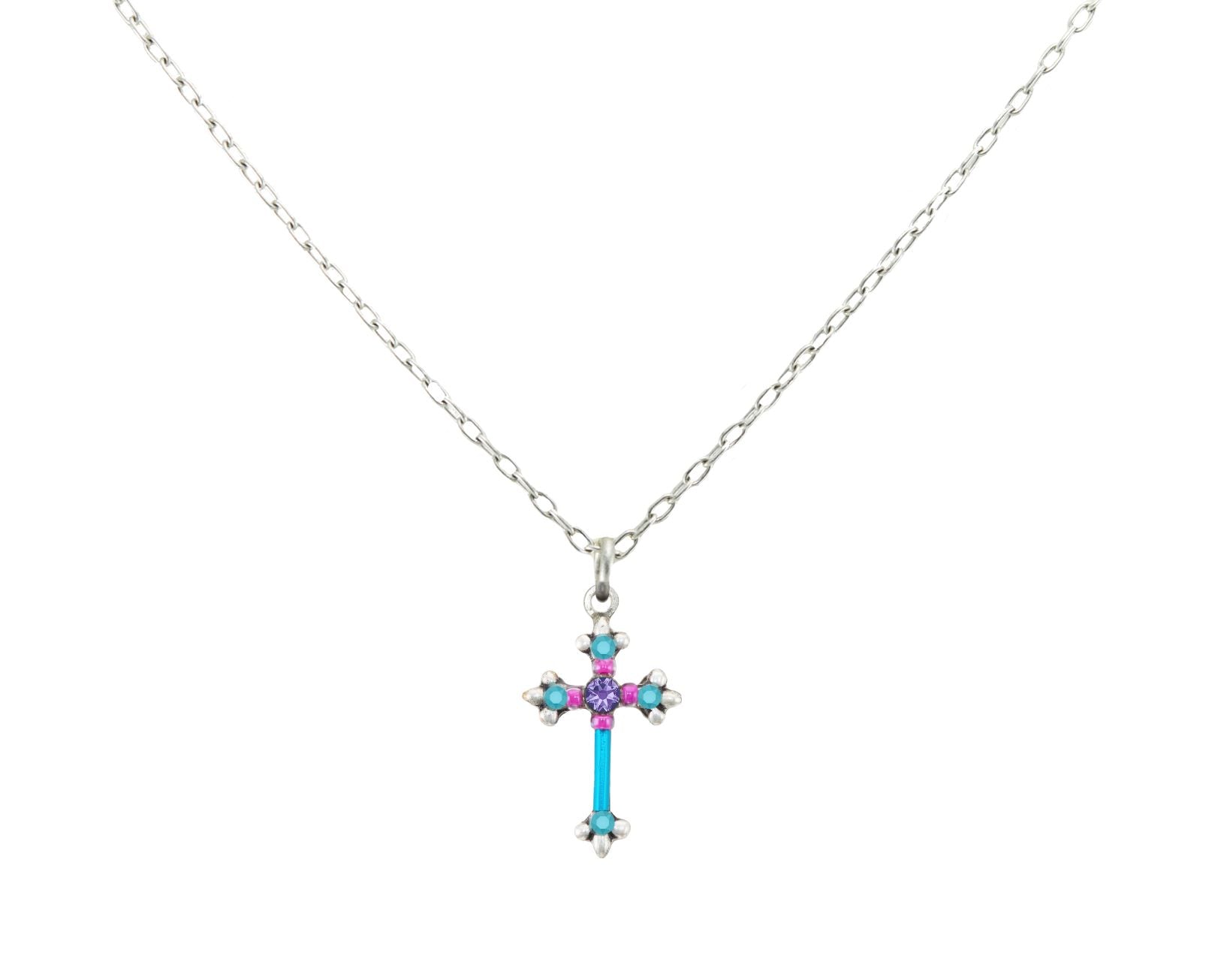 8496-TURQ Dainty Color Cross Necklace-Light Turquiose