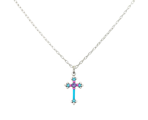 8496-TURQ Dainty Color Cross Necklace-Light Turquiose