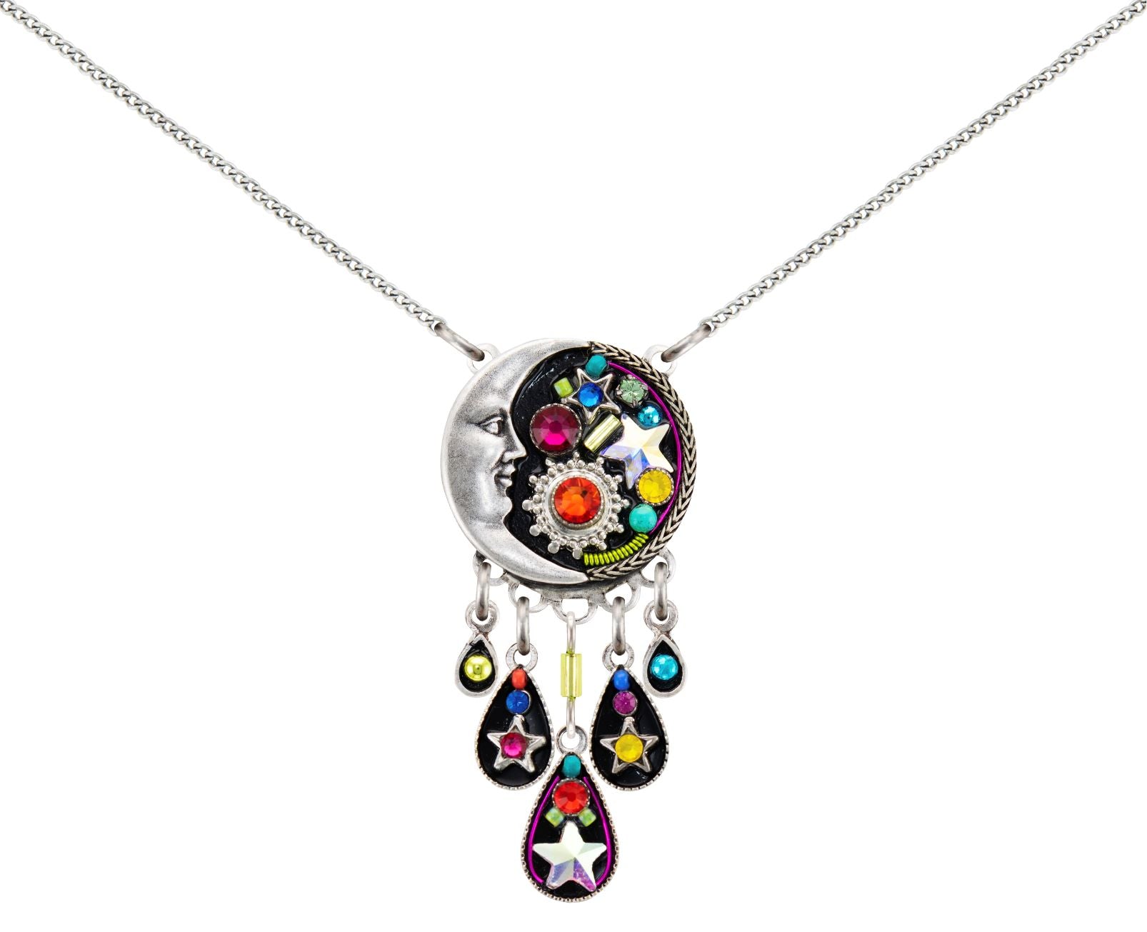 8983-MC Luna Circular Pendant w/ Tear Drop Dangles Necklace-Multicolor