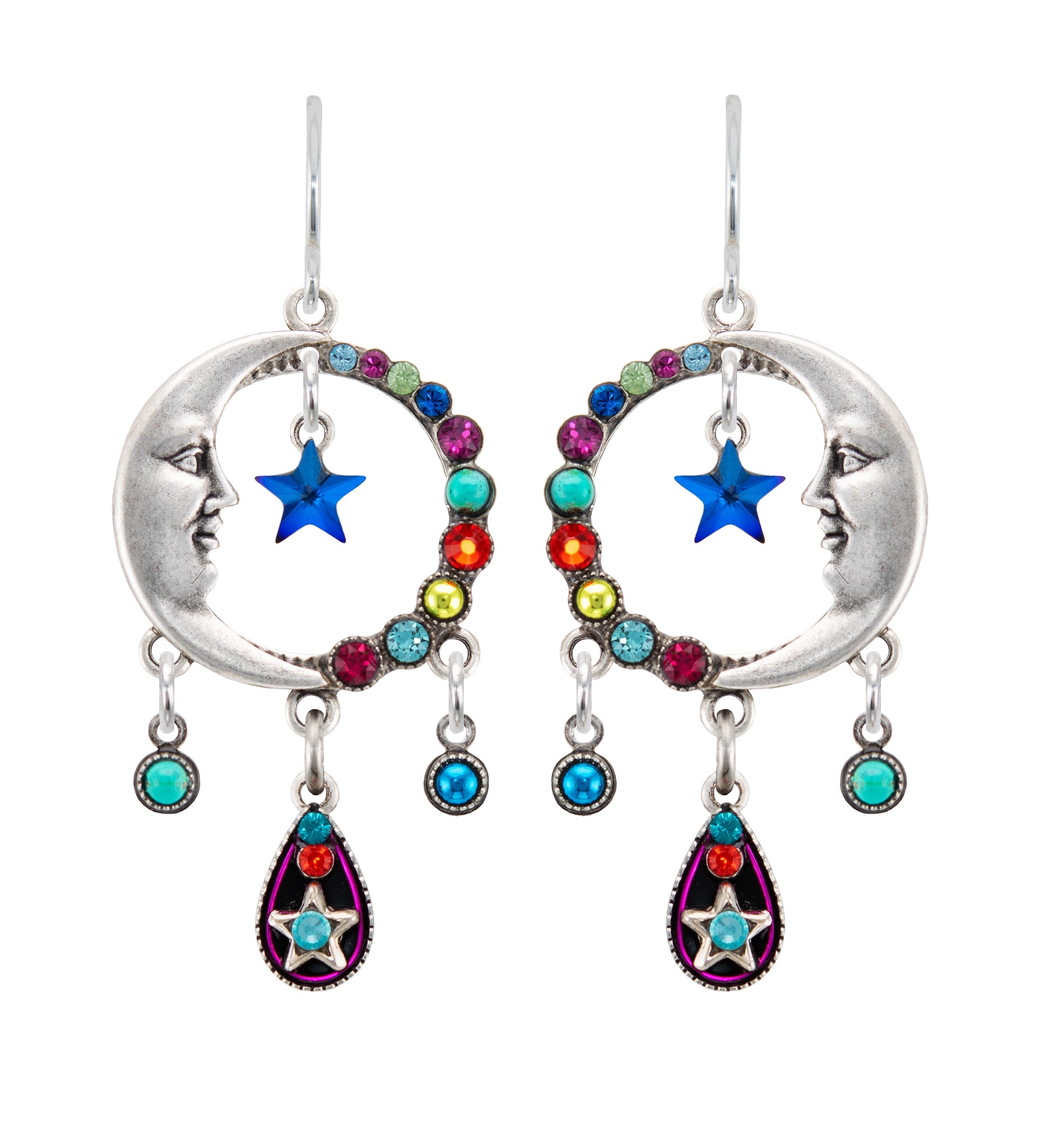 E178-MC Luna Star Earring w/ Tear Drop Dangles-Multicolor