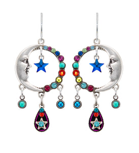 E178-MC Luna Star Earring w/ Tear Drop Dangles-Multicolor