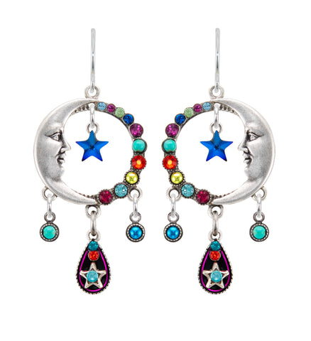E178-MC Luna Star Earring w/ Tear Drop Dangles-Multicolor