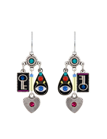 E238-MC Talisman Evil Eye w/Dangles Earrings-Multicolor