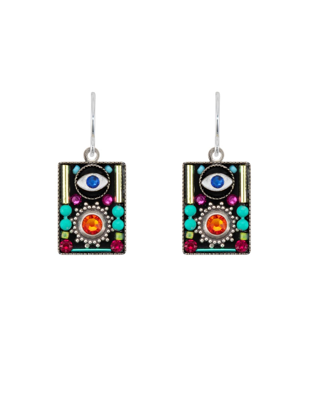 E248-MC Talisman Rectangle Evil Eye Earrings-Multicolor